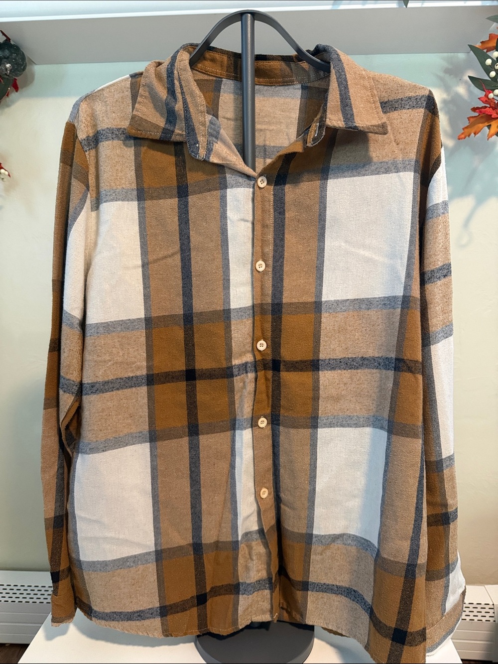 Men's Brown Plaid Button-Up Shirt - Casual Long Sleeve
